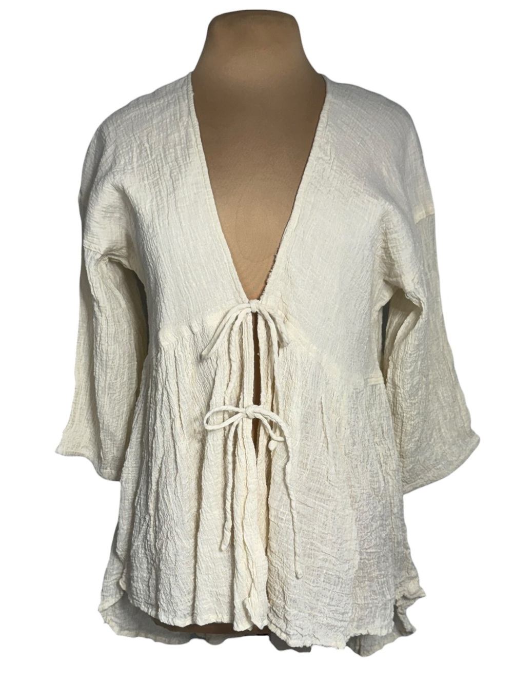 Paper Lace Gauze Crinkle Tie Front Boho Cardigan Jacket Cream One Size Large NWT